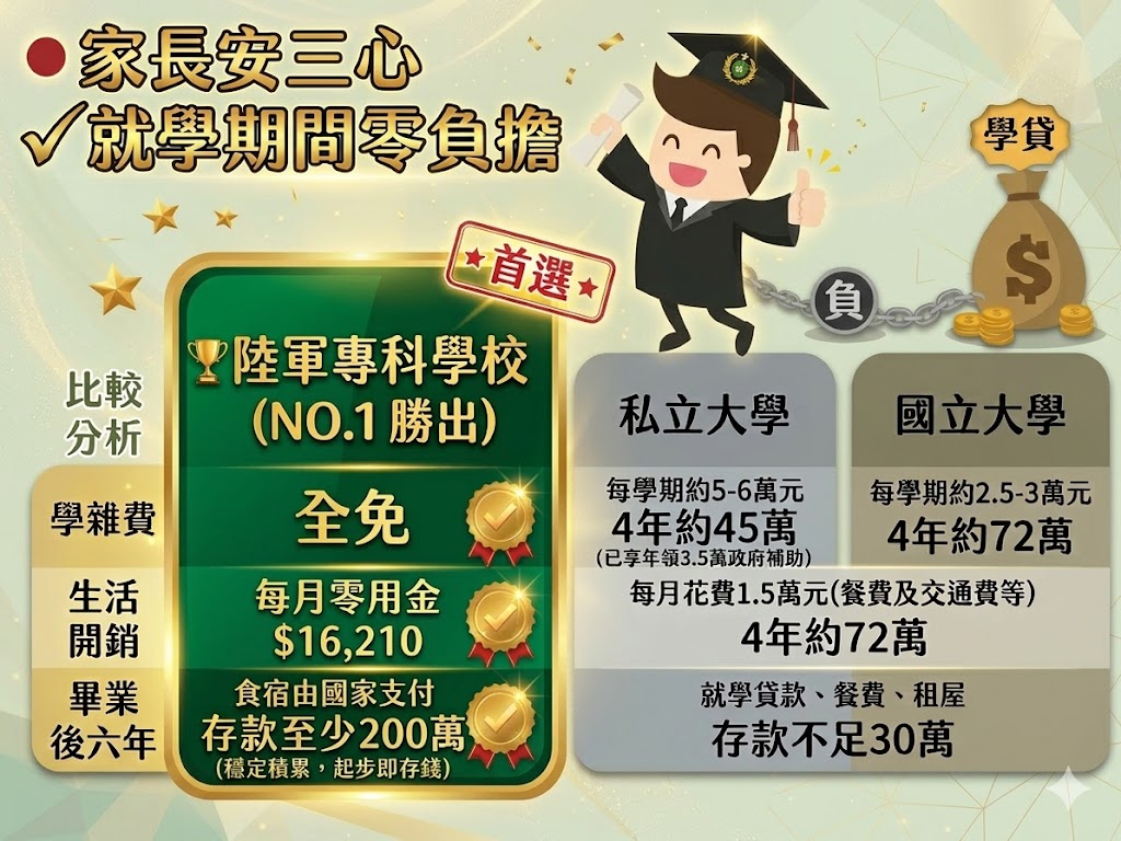 除學雜費全免外更有每個月的生活津貼，且畢業即就業，無須擔心工作問題。