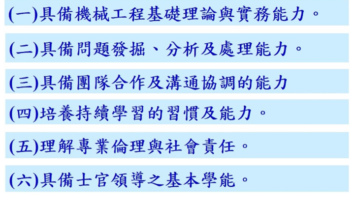 本科核心能力培養學生具有機械加工及設計能力，能獨立思考處理問題，成為具機械專業的領導士官。