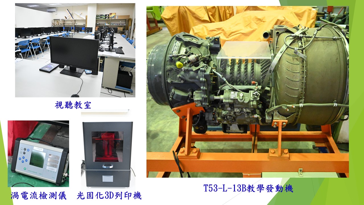 科館教室教學設備，左上為視聽教室、右方為T53-L-13教學發動機、左下為渦電流檢測儀及光固化3D列印機